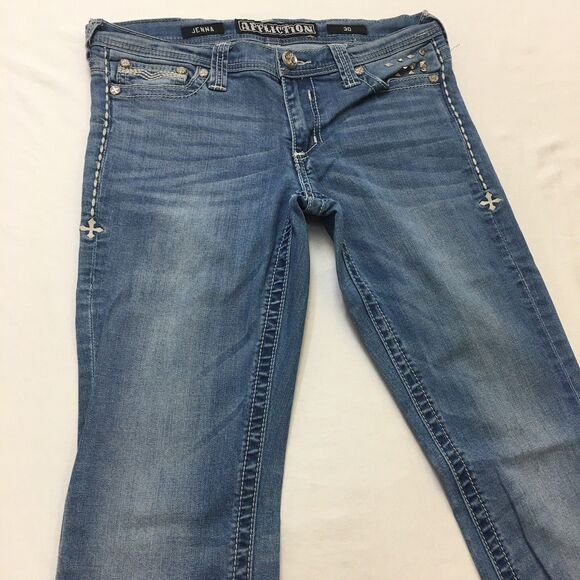 AFFLICTION Jenna Jeans Women 32x32 (30 tag) Gothic Studs Stretch Denim Crystal - Picture 6 of 16